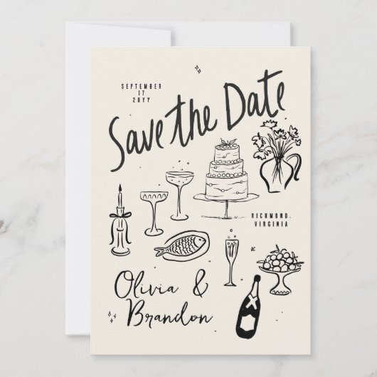Illustrated Whimsical Hand-Drawn Wedding Save The Date (Voorkant)
