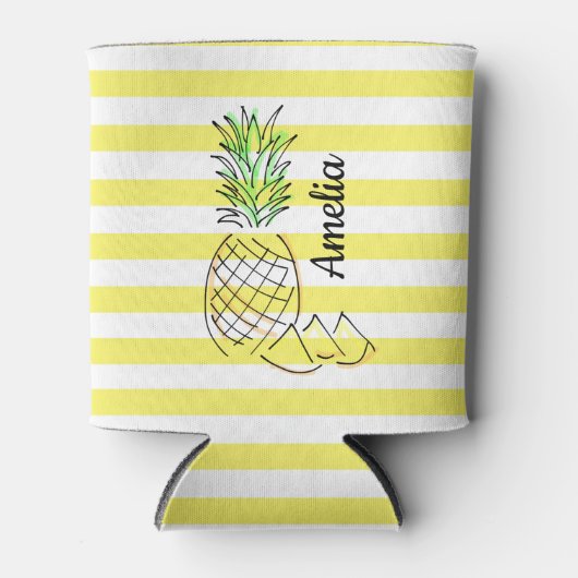 Illustratie anananas Gele Stripes Summer Blikjeskoeler (Voorkant)