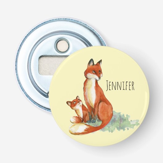 Illustratie Baby Fox Cute Waterverf bij moeder en  Button Flesopener (Voorkant)