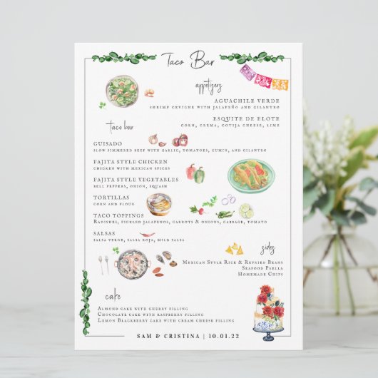 Illustratie Bespoke | Menu Taco Bar Wedding (Staand voorkant)