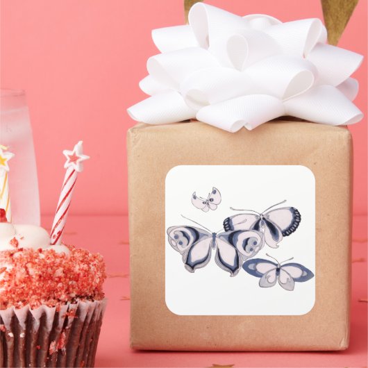  illustratie, blauwe vlinders vierkante sticker (Feest)