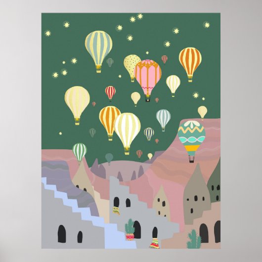 Illustratie Cappadocia | Kapadokya Balloon Night Poster (Voorkant)