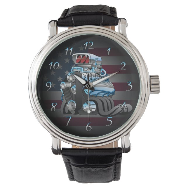 Illustratie Cartoon Hotrod Racing Car Engine Horloge (Voorkant)