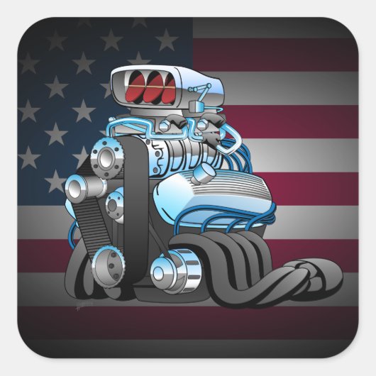Illustratie Cartoon Hotrod Racing Car Engine Vierkante Sticker (Voorkant)