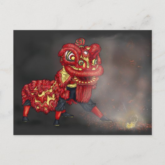 Illustratie Chinese Lion Dancers Firecracker Briefkaart (Voorkant)