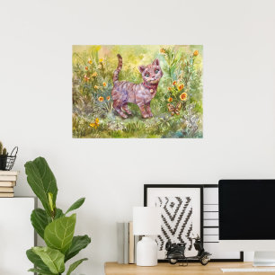 Illustratie Cute Kitten Tuin Vlinder Bloemen Poster