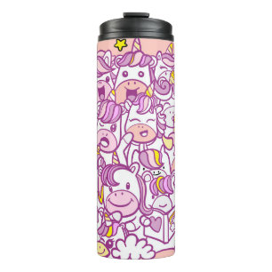 Illustratie, Cute unicorn en pony met Thermosbeker