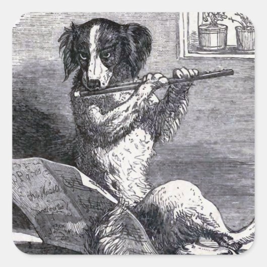  illustratie "Dog Speel the Flute" Vierkante Sticker (Voorkant)