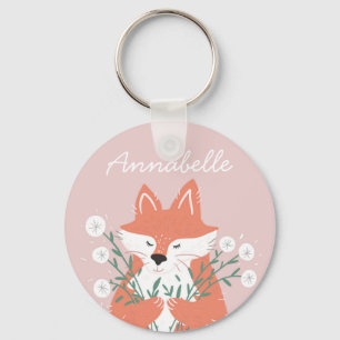 Illustratie Fox Smelling Flowers Gepersonaliseerd Sleutelhanger