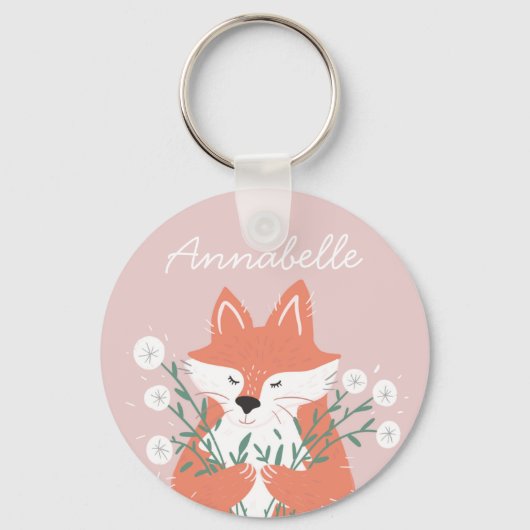 Illustratie Fox Smelling Flowers Gepersonaliseerd Sleutelhanger (Voorkant)