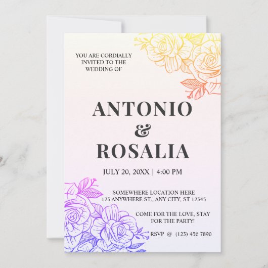  illustratie gele en paarse bloemen bruiloft kaart (Voorkant)