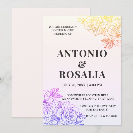  illustratie gele en paarse bloemen bruiloft kaart (Voorkant / Achterkant)