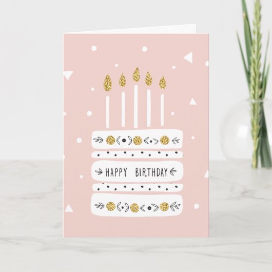 Illustratie Glitter Gold Pastel Birthday Cake Kaart (Voorkant)