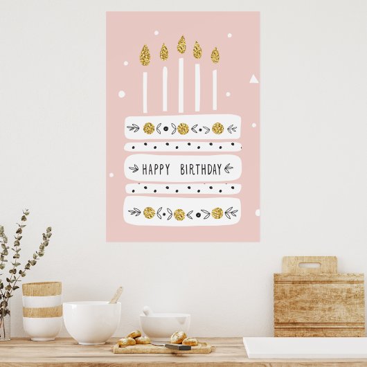Illustratie Glitter Gold Pastel Birthday Cake Poster (Keuken)