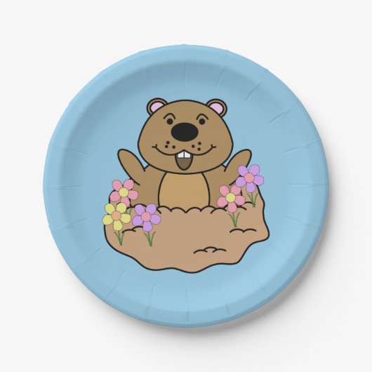 Illustratie Groundhog met bloemen Papieren Bordje (Voorkant)