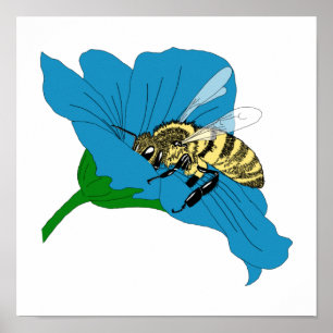 Illustratie Honeybee Blue Flower Poster