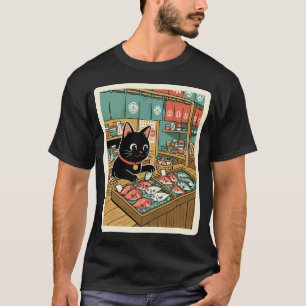 Illustratie in Japanse stijl van Zwarte Kat Vis Ma T-shirt