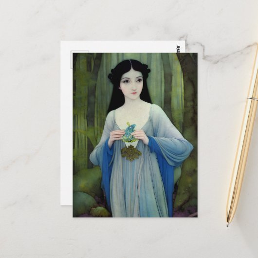Illustratie inktwas van een mooie vrouw in Bossen Briefkaart (Voorkant / Achterkant in situ)