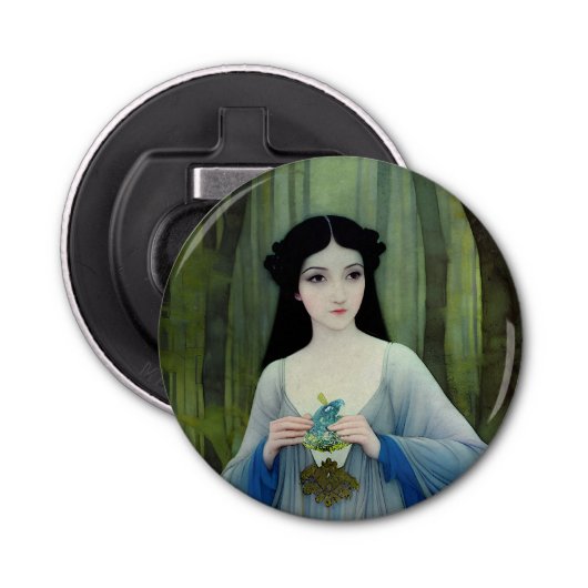 Illustratie inktwas van een mooie vrouw in Bossen Button Flesopener (Voorkant)