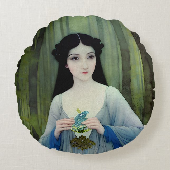 Illustratie inktwas van een mooie vrouw in Bossen Rond Kussen (Voorkant)