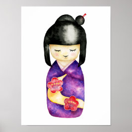 Illustratie Japanse Waterverf Kokeshi Doll Cute Poster