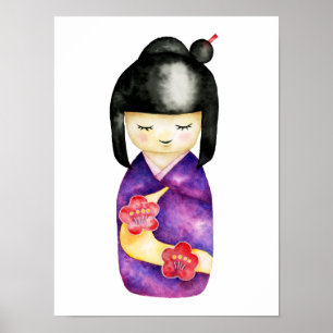 Illustratie Japanse Waterverf Kokeshi Doll Cute Poster