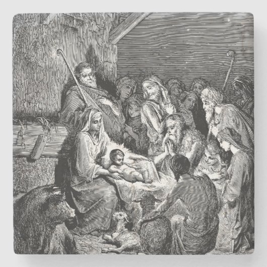 Illustratie kerstfeestscène stenen onderzetter (Voorkant)