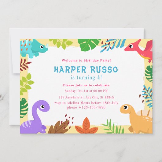 Illustratie kleurrijke cute dino Birthday Party Kaart (Voorkant)