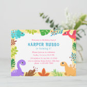 Illustratie kleurrijke cute dino Birthday Party Kaart (Staand voorkant)