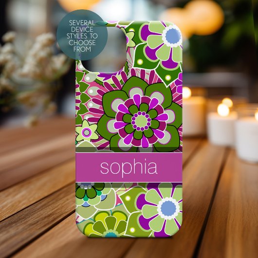Illustratie kleurrijke flora - roze en groene naam Case-Mate iPhone case