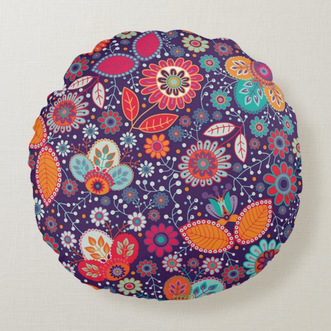 Illustratie kleurrijke kunst Natuur Floral Pattern Rond Kussen (Voorkant)