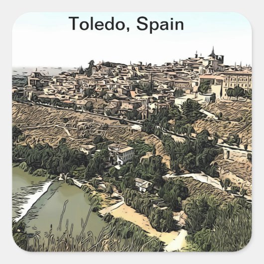 Illustratie: Landschapskunst van Toledo, Spanje Vierkante Sticker (Voorkant)