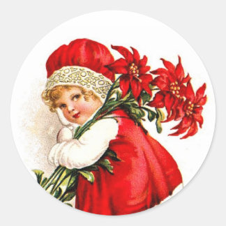 illustratie meisje dat Poinsettias vervoert Ronde Sticker