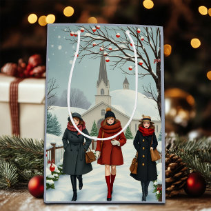 Illustratie mensen verlaten kerk winter medium cadeauzakje