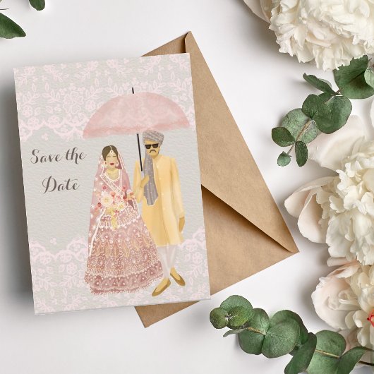 Illustratie met een Indiase paraplu met roze parap Save The Date