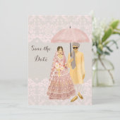 Illustratie met een Indiase paraplu met roze parap Save The Date (Staand voorkant)