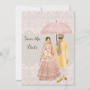 Illustratie met een Indiase paraplu met roze parap Save The Date