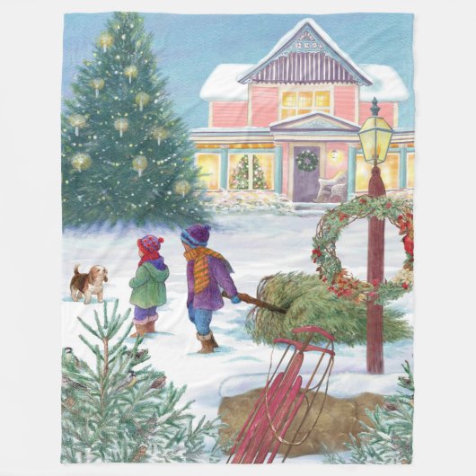 Illustratie met Kinder en Sneeuw Hoesje Huis Fleece Deken (Voorkant)