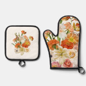 Illustratie met oranje en gele bloemen. ovenwant & pannenlap set (Voorkant)