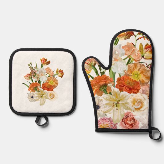 Illustratie met oranje en gele bloemen. ovenwant & pannenlap set (Voorkant)