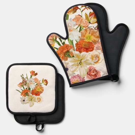 Illustratie met oranje en gele bloemen. ovenwant & pannenlap set (Voorkant / Achterkant)