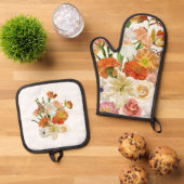 Illustratie met oranje en gele bloemen. ovenwant & pannenlap set (Top down)