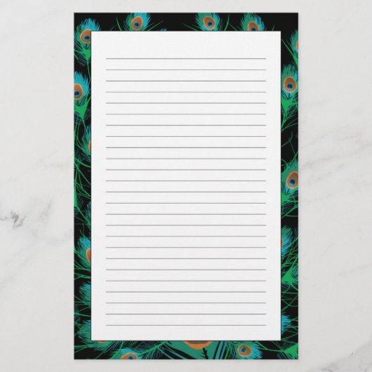 Illustratie met Peacock-veren op zwart Briefpapier (Voorkant)