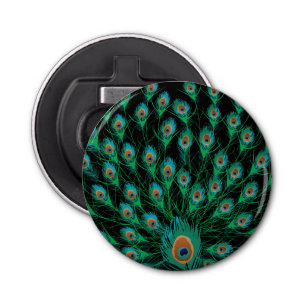 Illustratie met Peacock-veren op zwart Button Flesopener