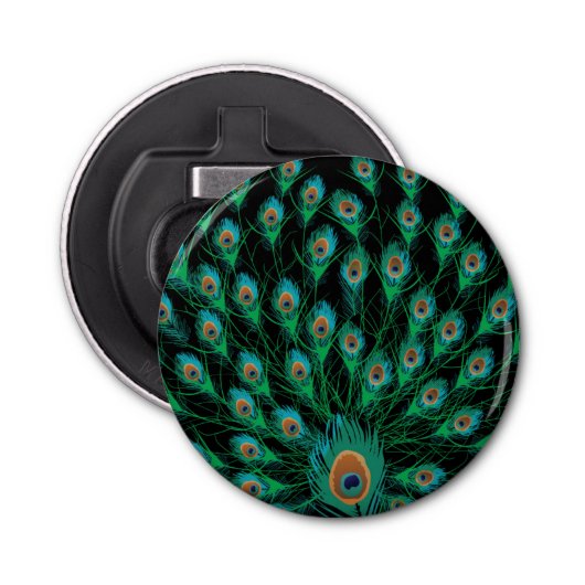 Illustratie met Peacock-veren op zwart Button Flesopener (Voorkant)