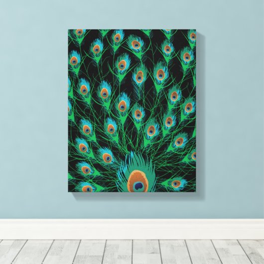 Illustratie met Peacock-veren op zwart Canvas Afdruk (Insitu (Houten vloer))