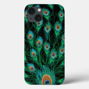 Illustratie met Peacock-veren op zwart iPhone 13 Hoesje