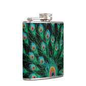 Illustratie met Peacock-veren op zwart Heupfles (Rechts)