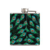 Illustratie met Peacock-veren op zwart Heupfles (Achterkant)