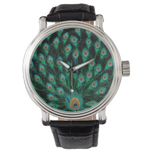 Illustratie met Peacock-veren op zwart Horloge
